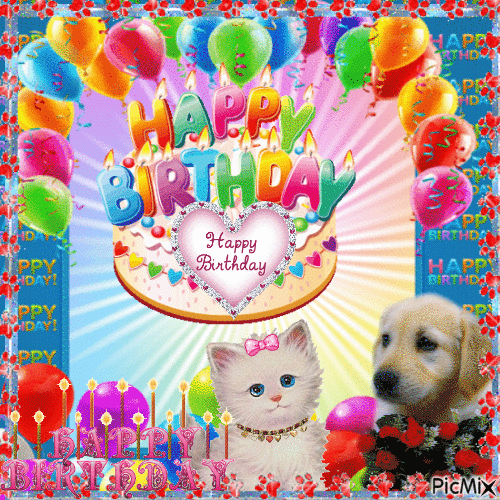 Happy birthday with a dog and a cat - Free animated GIF - PicMix
